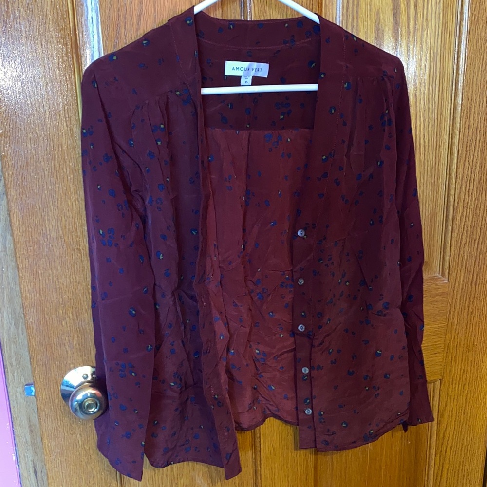 Amour Vert Maroon Button Down with Navy Floral